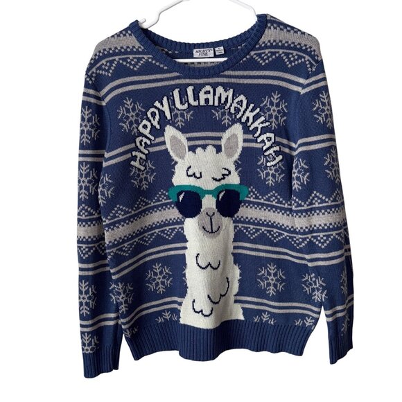 Mighty Fine Happy Llamakkah Snowflake Sweater XL Blue & White - Picture 1 of 7
